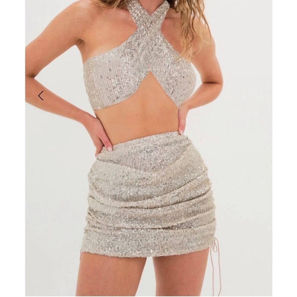 For Love and Lemons Candice Mini Skirt Sequin Ruched Drawstring Sparkle Silver